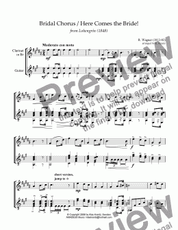 page one of Bridal chorus from Lohengrin - Here comes the bride! for clarinet in Bb (and A) and guitar