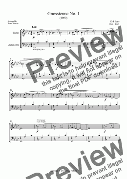 page one of SATIE: Gnossienne No. 1 Original key (Cello & Guitar has melody)
