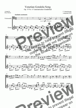 page one of MENDELSSOHN: Venetian Gondola Song Op.19 No. 6 (Cello & Guitar)