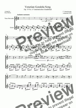 page one of MENDELSSOHN: Venetian Gondola Song Op.19 No. 6 (Tenor Recorder & Guitar)