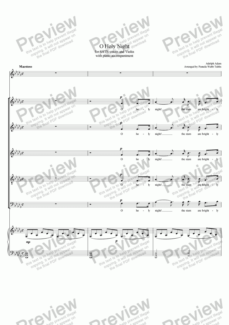 page one of O Holy Night (ADAM) Christmas Anthem for 4-part (SATB) mixed voices Choir with Piano accompaniment, Soprano Solo and Violin, arr. by Pamela Webb Tubbs