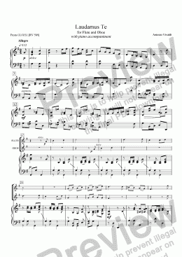 page one of Laudamus Te (VIVALDI) (from "Gloria") 2-part Duet for Treble Instruments (e.g., Flute, Oboe, Violin, Cornet, etc.), RV 589, with Piano accompaniment, arr. by Pamela Webb Tubbs
