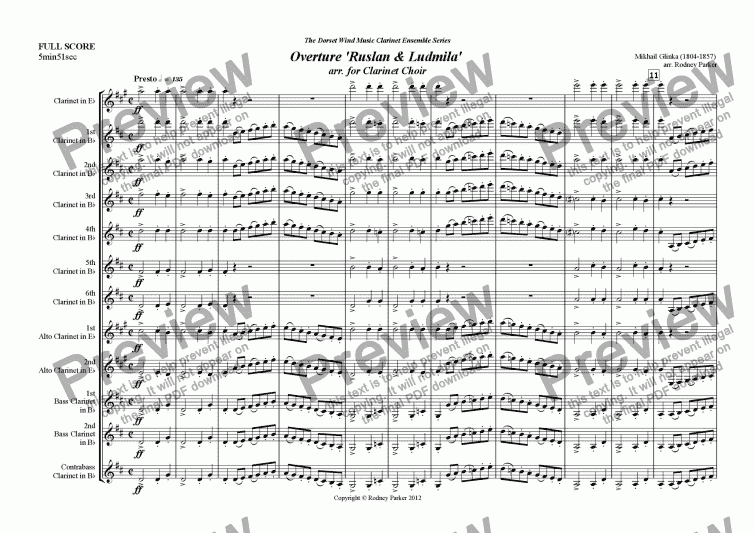 page one of Overture ’Ruslan & Ludmila’  arr. for Clarinet Choir