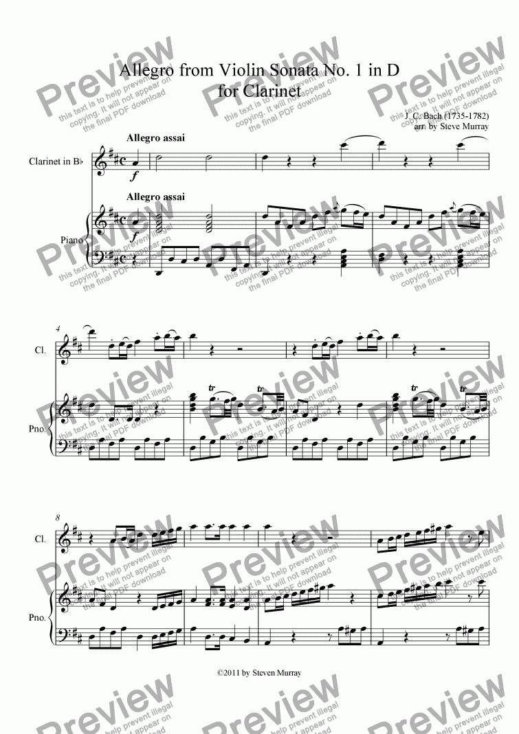 page one of Allegro from Violin Sonata No. 1 in D for Clarinet
