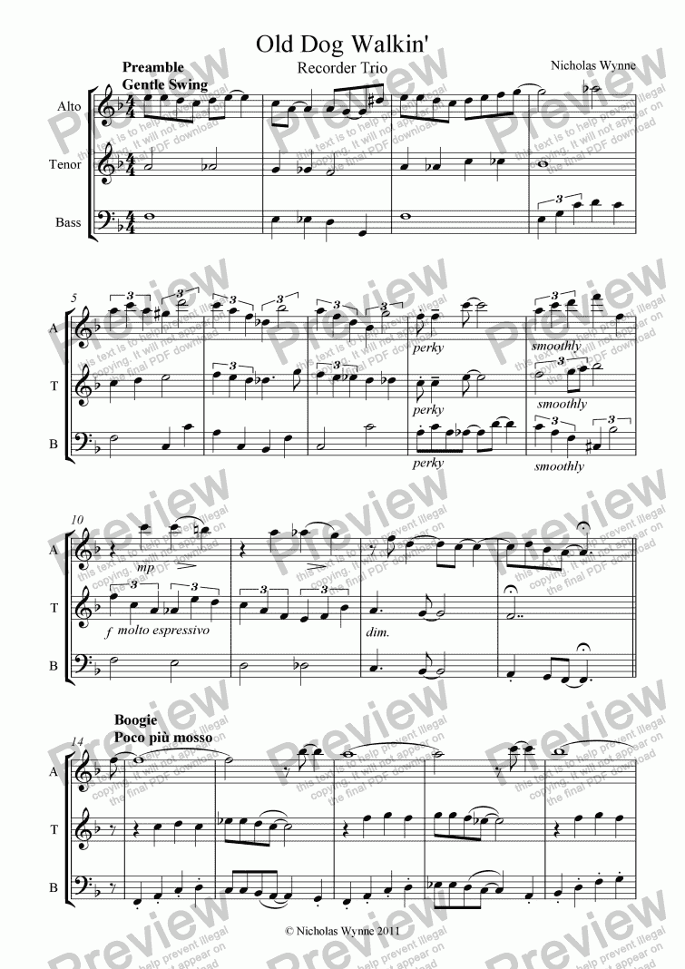page one of Old Dog Walkin’ for Alto, Tenor and Bass Recorders
