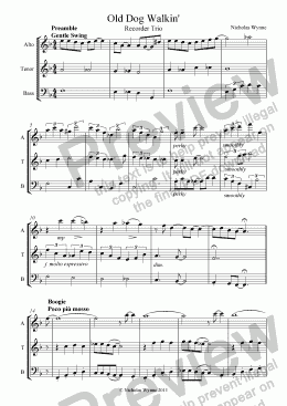 page one of Old Dog Walkin’ for Alto, Tenor and Bass Recorders