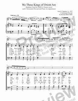 page one of We Three Kings of Orient Are (HOPKINS) Epiphany carol for SATB choir or Unison voices with C-Instrument (e.g., Oboe) Descant and Piano accompaniment