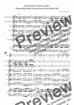 page one of BACH - Schafe konnen sicher weiden (Sheep May Safely Graze) arranged for Recorders, Choir, Piano & Training String Quartet