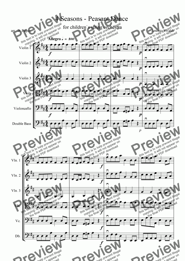page one of Vivaldi 4 Seasons - Peasant Dance  for children`s string orchestra