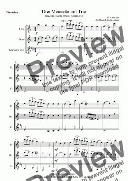 page one of Drei Menuette mit Trio v.W.A.Mozart Floete,Oboe,Klarinette