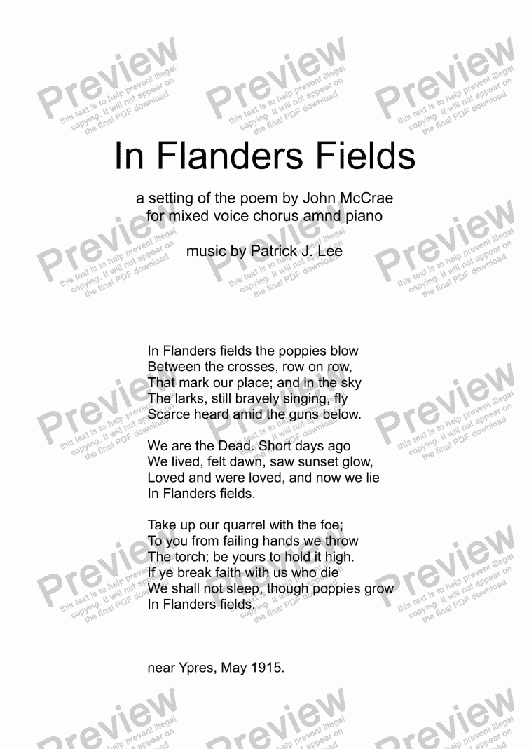 page one of In Flanders Fields (for SATB chorus & piano)