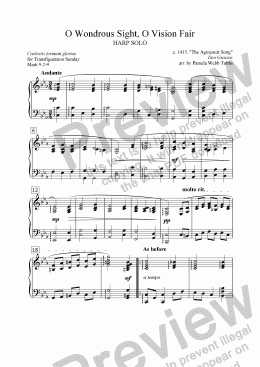 page one of O Wondrous Sight, O Vision Fair  (16th C. ENGLISH) ("Agincourt" or "Deo Gracias"), Transfiguration Sunday anthem for Solo Harp, arr. by Pamela Webb Tubbs