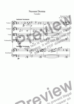 page one of Nessun Dorma - piano & string quartet