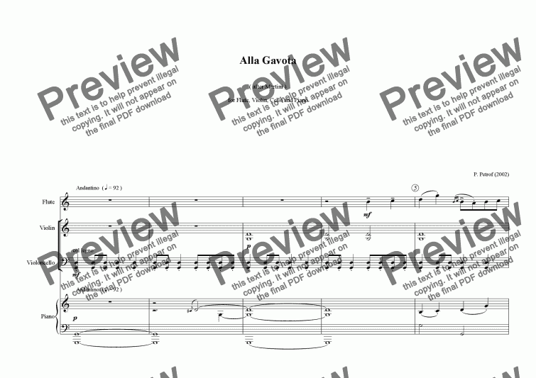 page one of ALLA GAVOTA - for flute, violin, cello and piano