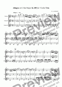 page one of Allegro in E flat Major K.189 for Violin Trio