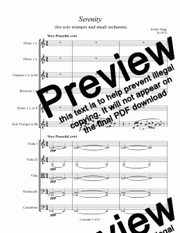 page one of Serenity  (for solo trumpet and small orchestra)