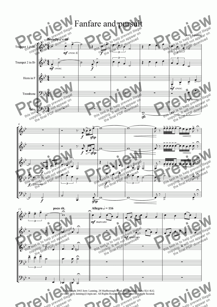page one of Fanfare and Pursuit (brass quintet)