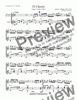 page one of El Choclo - Tango Criollo for descant recorder (flute, violin) and guitar