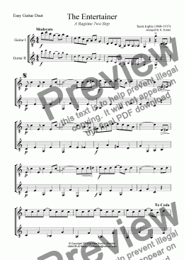 page one of The Entertainer for easy guitar duet (abridged)
