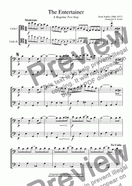 page one of The Entertainer for cello duet (abridged)