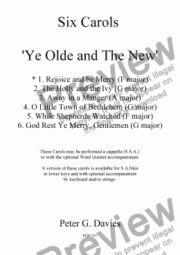 page one of Six Carols "Ye Olde and The New" 1. Rejoice and be Merry for SSA a capella with optional Wind Quintet