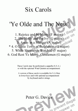 page one of Six Carols "Ye Olde and The New" 4. O Little Town of Bethlehem for SSA a capella with optional Wind Quintet