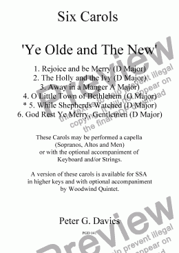 page one of Six Carols "Ye Olde and The New" 5. While Shepherds Watched for SA and Men a capella with optional Strings