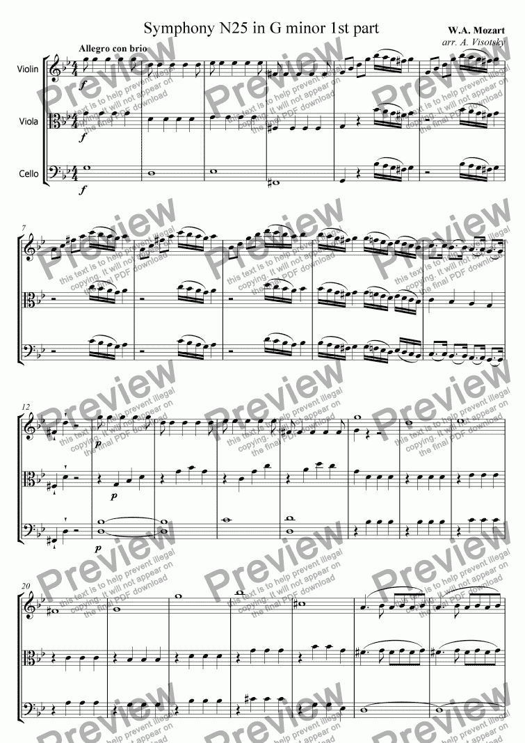 page one of Symphony N25 in 1st part for string trio