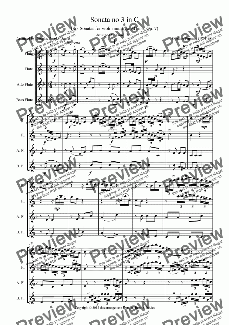 page one of PUGNANI, Gaetano: Sonata no 3 in C (Six Sonatas, Op 7) arr. for Flute Choir (2fl, afl, bassfl)