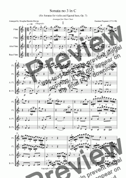 page one of PUGNANI, Gaetano: Sonata no 3 in C (Six Sonatas, Op 7) arr. for Flute Choir (2fl, afl, bassfl)