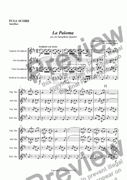 page one of La Paloma  arr. for Saxophone Quartet