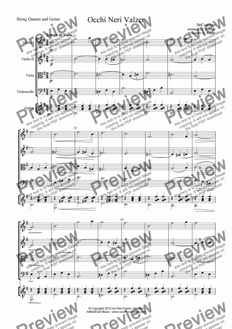 page one of Occhi Neri Valzer for string quartet and guitar (optional)