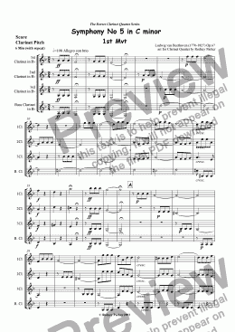 page one of Beethoven's 5th Symphony 1st Mvt arr for Clarinet  Quartet by Rodney Parker
