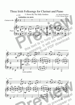 page one of Three Irish Folksongs for Clarinet and Piano 3. Down By The Sally Gardens 