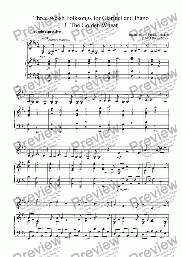 page one of Three Welsh Folksongs for Clarinet and Piano 1. The Golden Wheat