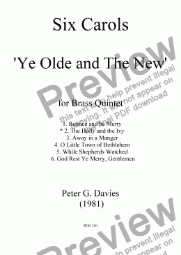 page one of Six Carols "Ye Olde and The New" 2. The Holly and the Ivy for Brass Quintet
