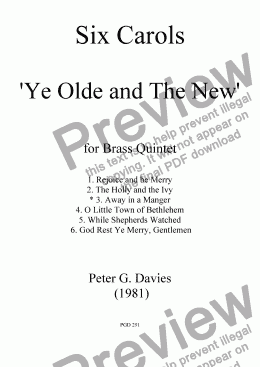 page one of Six Carols "Ye Olde and The New" 3. Away in a Manger for Brass Quintet