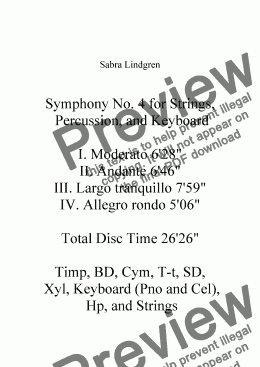 page one of Symphony No. 4 for Strings,  Percussion, and Keyboard II. Andante