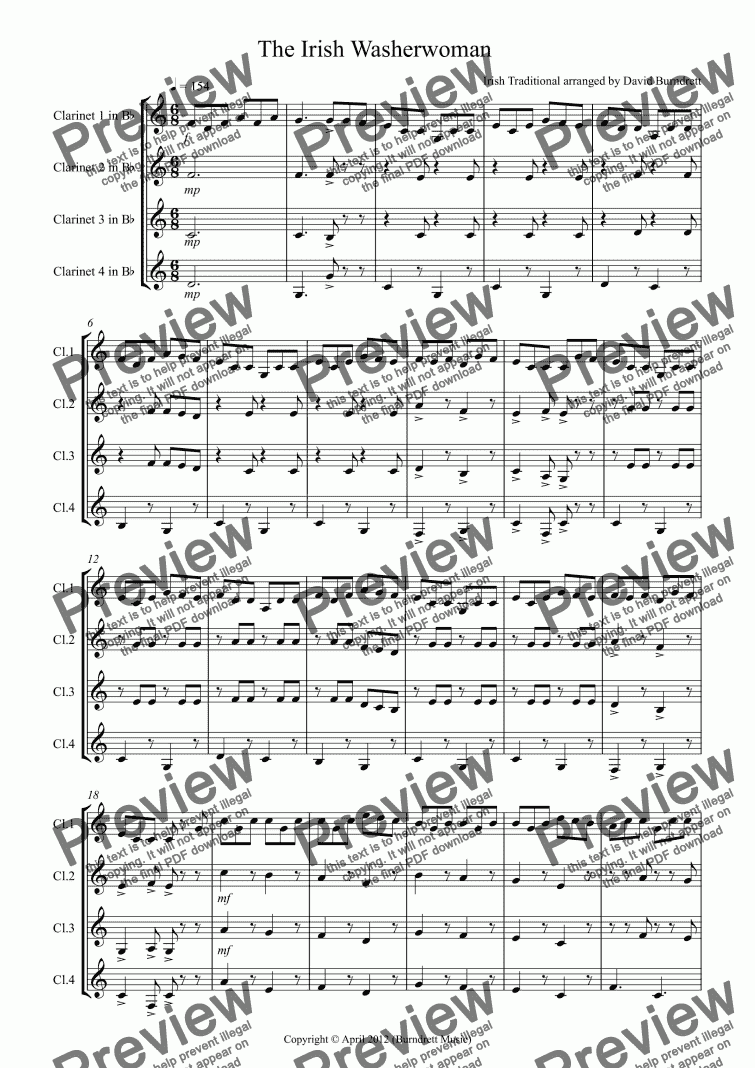 page one of The Irish Washerwoman for Clarinet Quartet