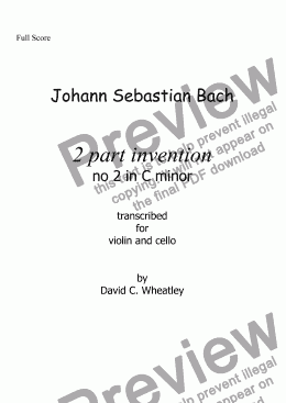 page one of Bach - 2 part invention no 2 transcribed for violin and cello by David Wheatley