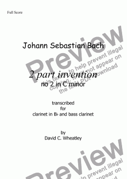 page one of Bach - 2 part invention no 2 transcribed for Bb clarinet and bass clarinet by David Wheatley