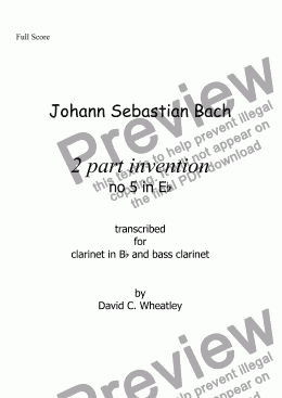 page one of Bach - 2 part invention no 5 transcribed for Bb clarinet and bass clar by David Wheatley