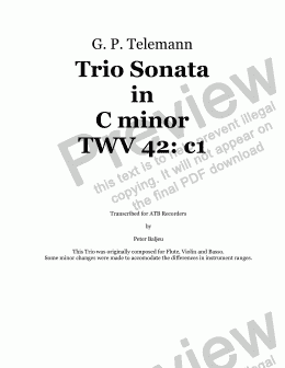 page one of GP Telemann Trio Sonata in C minor for ATB Recorders