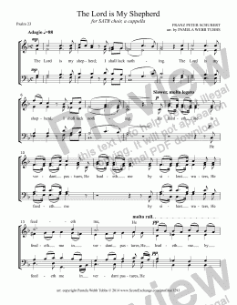 page one of Psalm 23 (The Lord is My Shepherd) (SCHUBERT) for SATB mixed voices choir, a cappella, arr. by Pamela Webb Tubbs