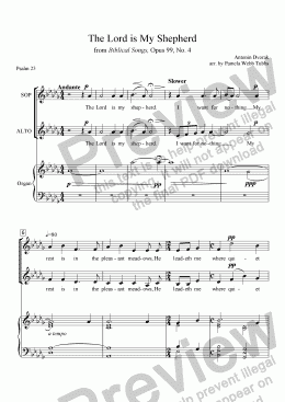 page one of The Lord is My Shepherd (DVORAK) (Psalm 23) 2-part treble voices vocal duet (e.g., Soprano-Alto) with organ accompaniment, arr. by Pamela Webb Tubbs