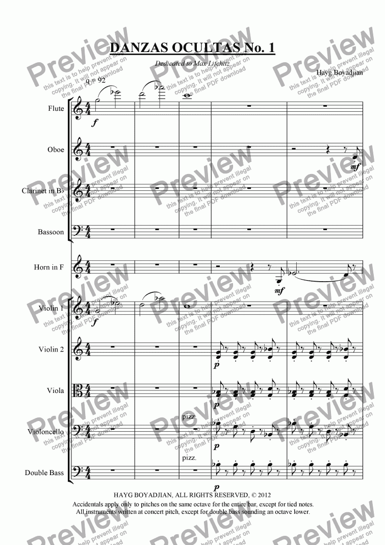 page one of Danzas Ocultas No. 1 (chamber ensemble for woodwinds, horn, strings)