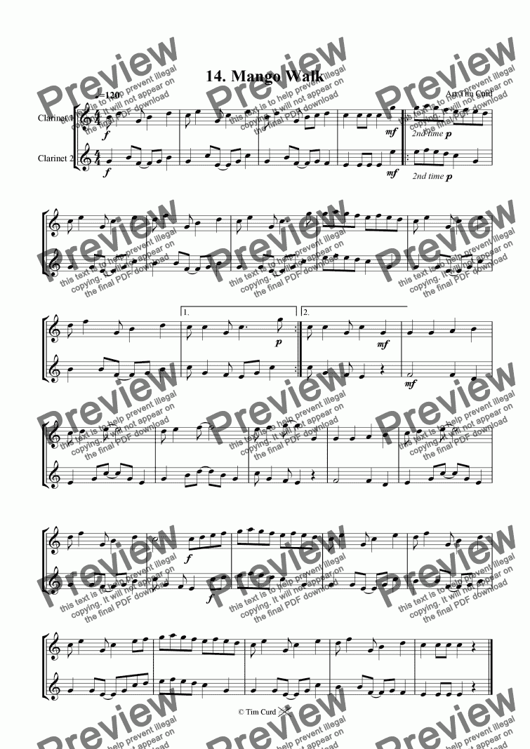 page one of Mango Walk - Clarinet Duet.