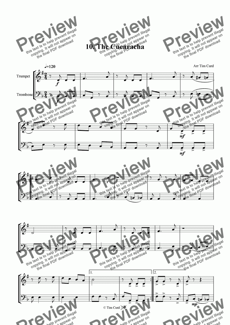 page one of The Cucaracha - Trumpet And Trombone Duet.