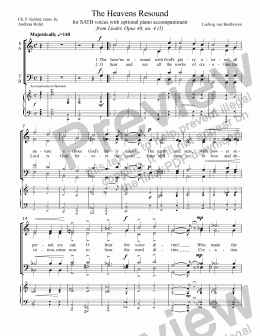 page one of The Heavens Resound (BEETHOVEN) for SATB mixed voices choir, a capella (with optional piano accompaniment), arr. by Pamela Webb Tubbs