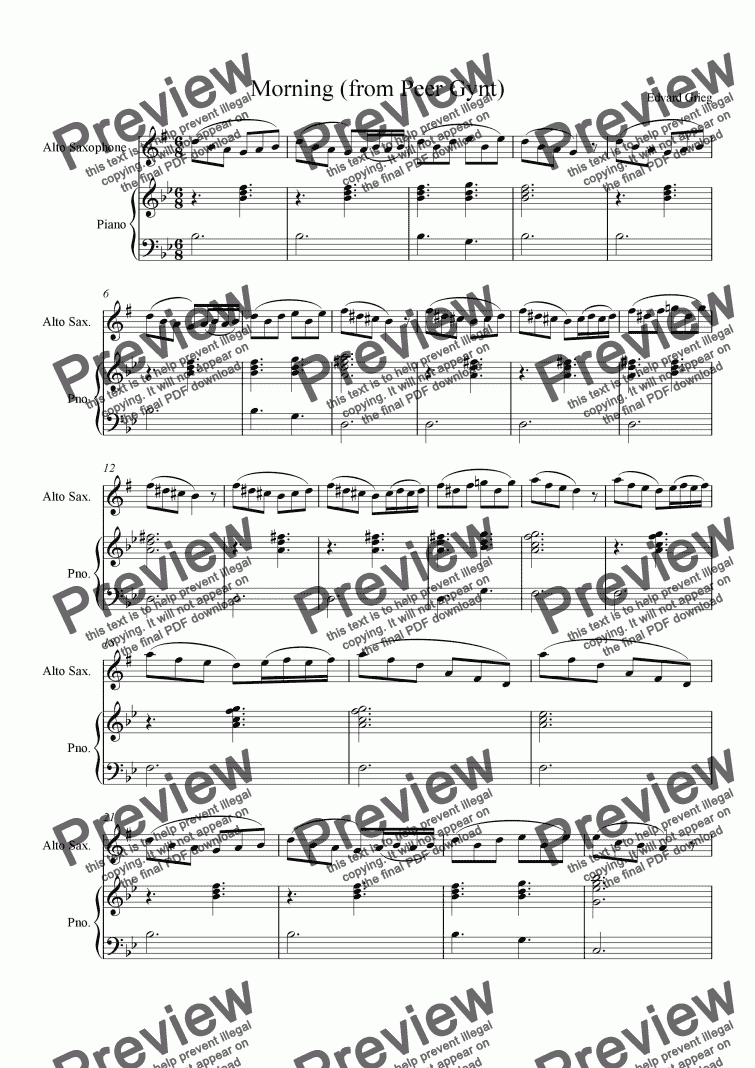 Morning Mood From Peer Gynt For Saxophone Download Sheet Music Pdf